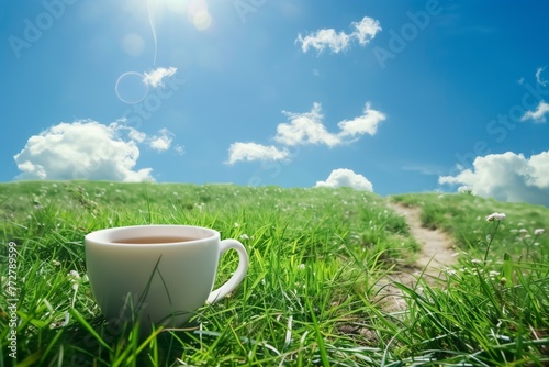 tea cup on grass with a path leading through the meadow