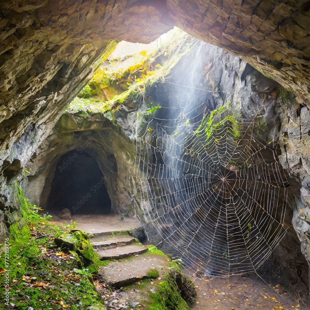 Ancient Abode: Traditional Old Cave with Intricate Spider's Web" - obrazy, fototapety, plakaty 