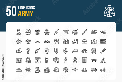 Set of 50 Army icons related to Soldier, Military helmet, Uniform, Rifle Line Icon collection