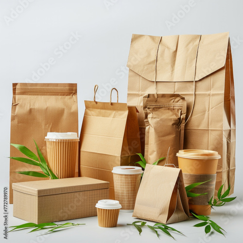 A variety of paper bags and cups are displayed