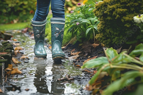 individual in rain boots stepping through wet garden