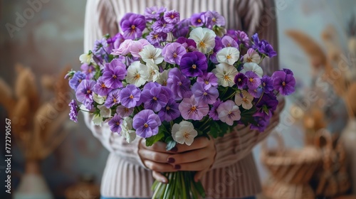   A person holding a purple and white bouquet against a blue and white background