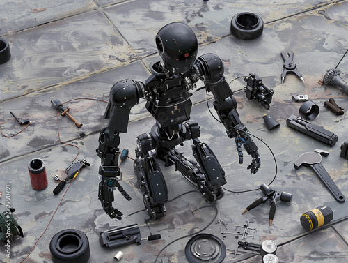 A black humanoid robot is being disassembled and reassembled for repair. photo