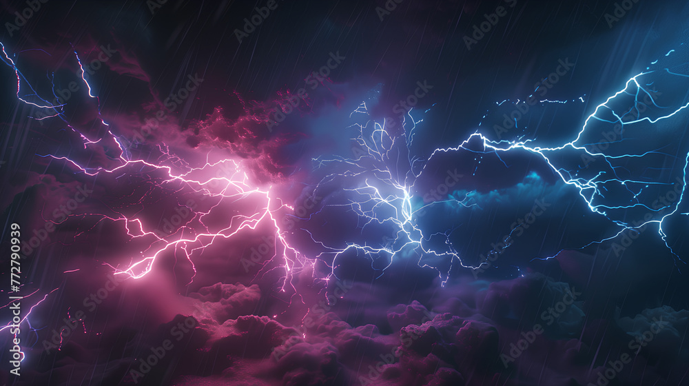 A stormy sky with a purple and blue sky and a tall power line. The sky is filled with lightning bolts - obrazy, fototapety, plakaty 