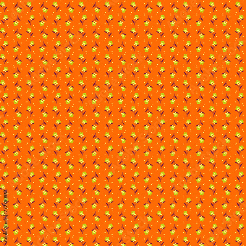 Small floral graphic fabric pattern Spring simple delicate yellow green flowers on an orange background