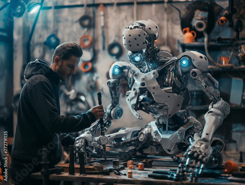 An engineer is building a robot with tools in hand.