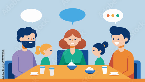 An illustration of a family sitting at a dinner table with speech bubbles above each persons head depicting their current emotional state