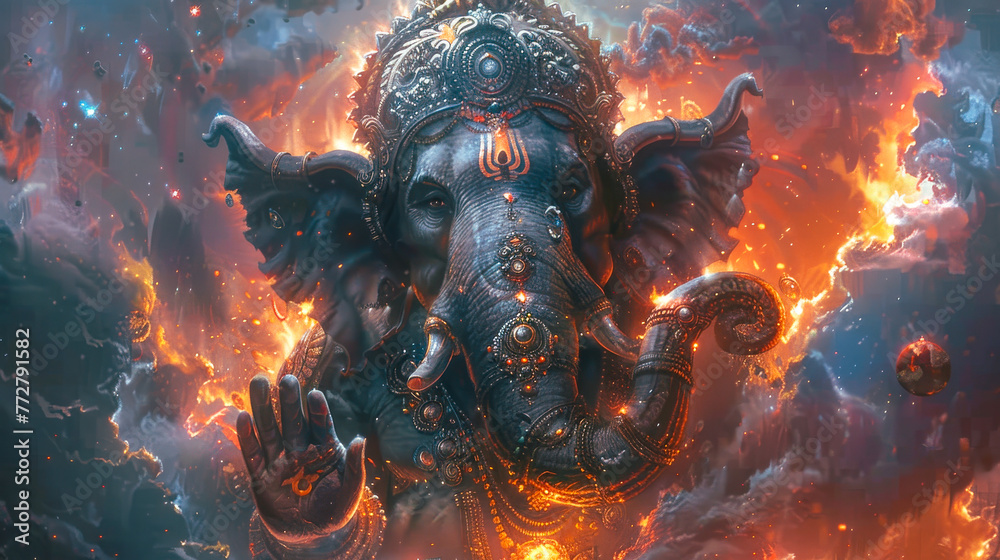 Divine Ganesha Amidst Ethereal Clouds Illustration. Divine Ganesha Amidst Ethereal Clouds Illustration.