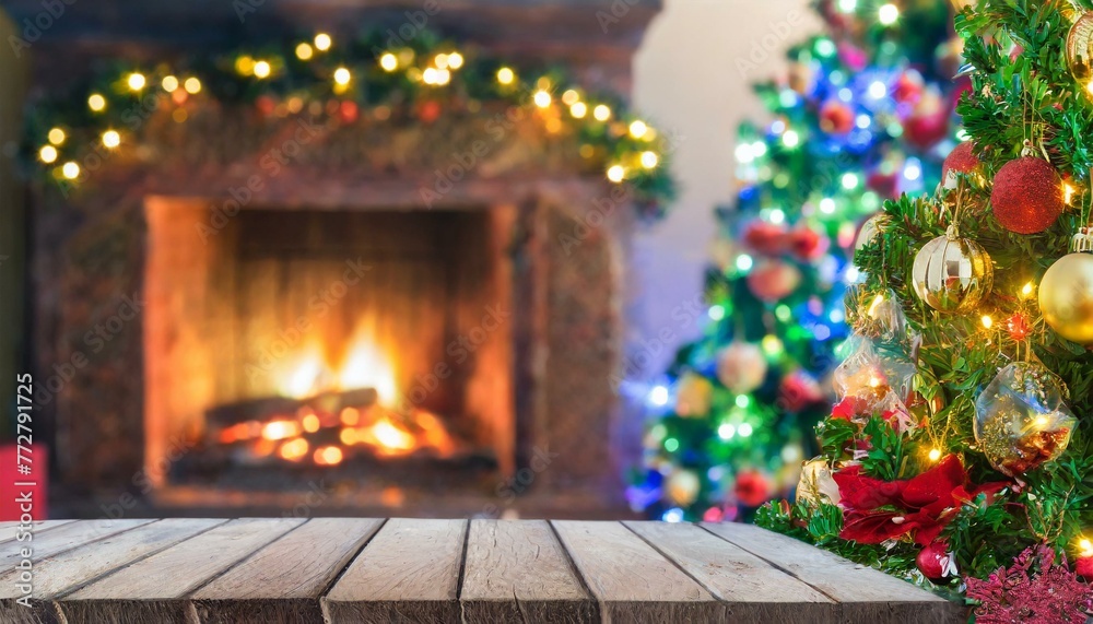 Cozy Christmas: Wood Table with Blurred Tree and Fireplace Backdrop Cozy Christmas: Wood Table with Blurred Tree and Fireplace Backdrop