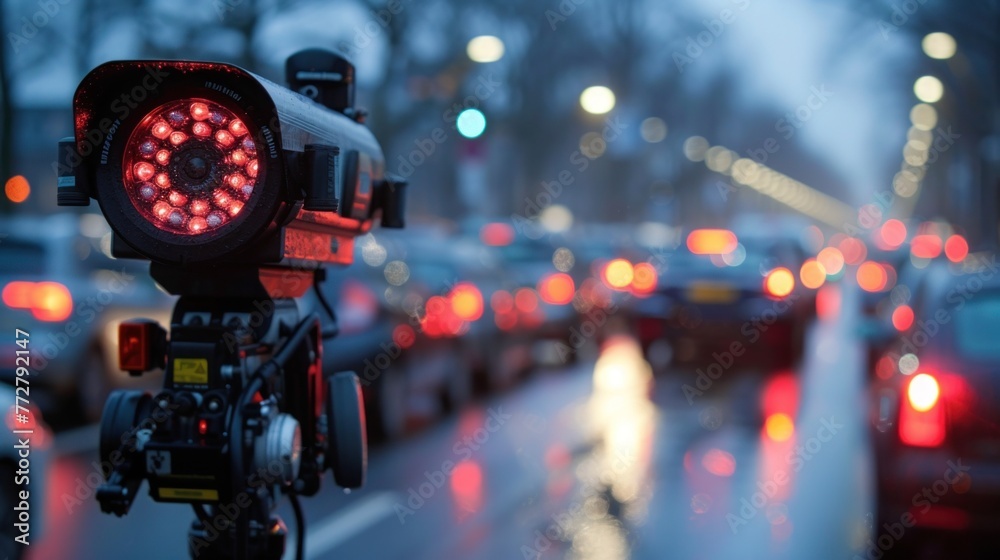 Fototapeta premium Speed Camera Overlooking Bustling City Street at Dusk