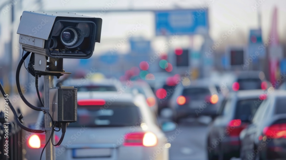 Speed Camera Overlooking Bustling City Street at Dusk