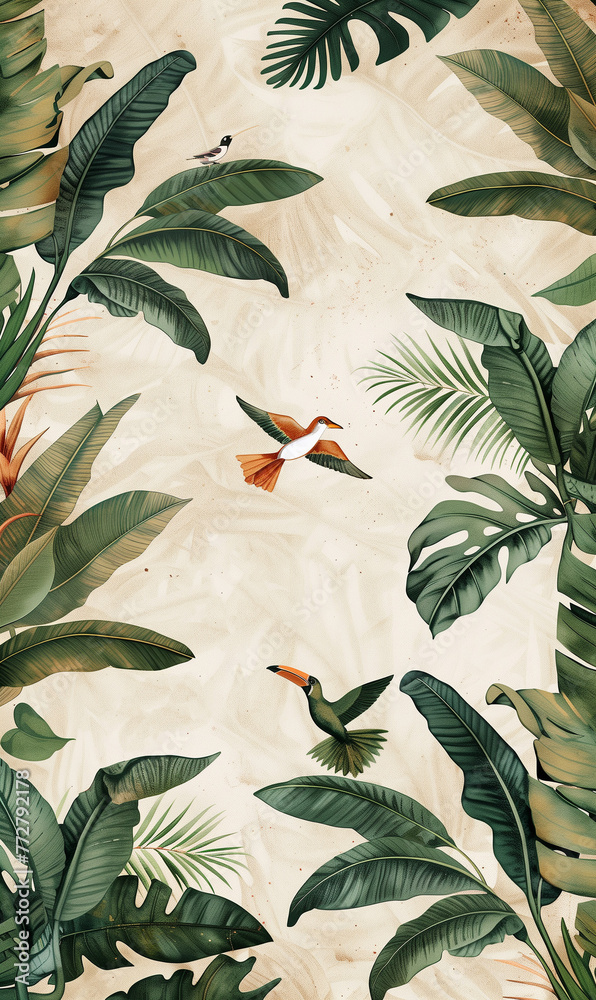 custom made wallpaper toronto digitalA closeup of an elaborate, handpainted jungle scene with lush green leaves and exotic birds flying above. The background is adorned in soft beige tones, creating contrast against the vibrant colors of