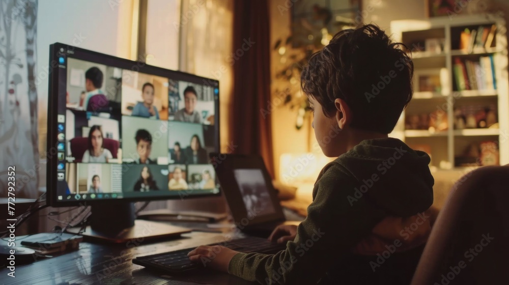 Young Child Engaged in an Online Class From a Cozy Home Environment Young Child Engaged in an Online Class From a Cozy Home Environment