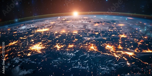 A detailed view of the earth from space at night, showcasing illuminated network nodes and urban areas
