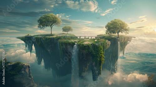 A surreal landscape with floating islands connected by bridges of light © MAY