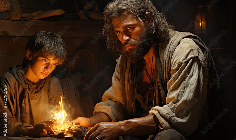 Man and Boy Sitting by Candlelight