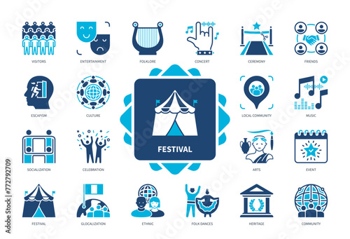 Festival icon set. Glocalization, Culture, Folk Dances, Socialization, Celebration, Community, Escapism, Concert. Duotone color solid icons