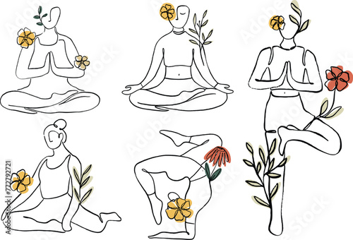 Aesthetic Line Art Yoga Floral set Illustration Vector