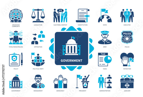 Government icon set. State, Constitution, President, Political Party, Taxes, Administration, Legislature, Community. Duotone color solid icons