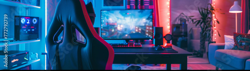 A gaming chair bathed in neon lights faces the desk, an altar to the modern digital warrior and their battles.