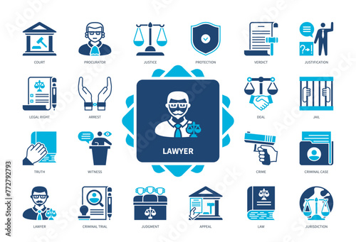 Lawyer icon set. Procurator, Verdict, Jurisdiction, Appeal, Legal Rights, Criminal Case, Justification, Court. Duotone color solid icons