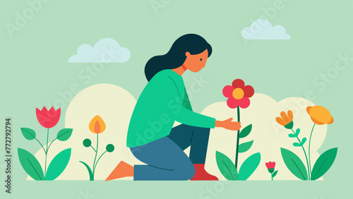A person kneeling in a garden filled with flowers representing the growth and tranquility that can be achieved through nurturing and supportive