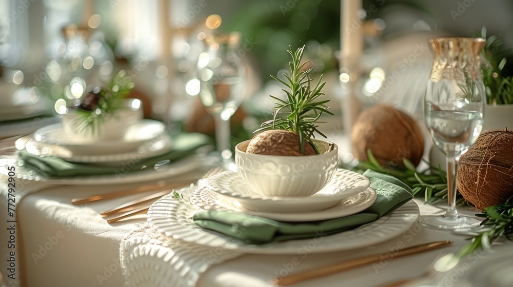   A close-up photo of a table with a bowl of food and a plant on the plate
