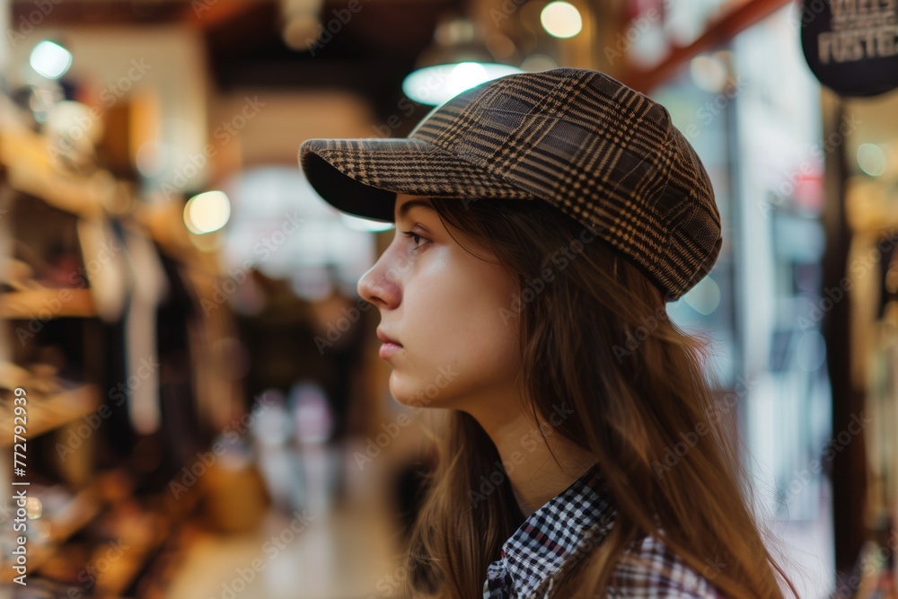 profile of a model sporting a trendy cap inside the shop profile of a model sporting a trendy cap inside the shop