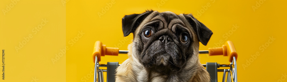 A pug's humorous journey in a shopping cart, set against a yellow background, captures the whimsy of everyday moments.