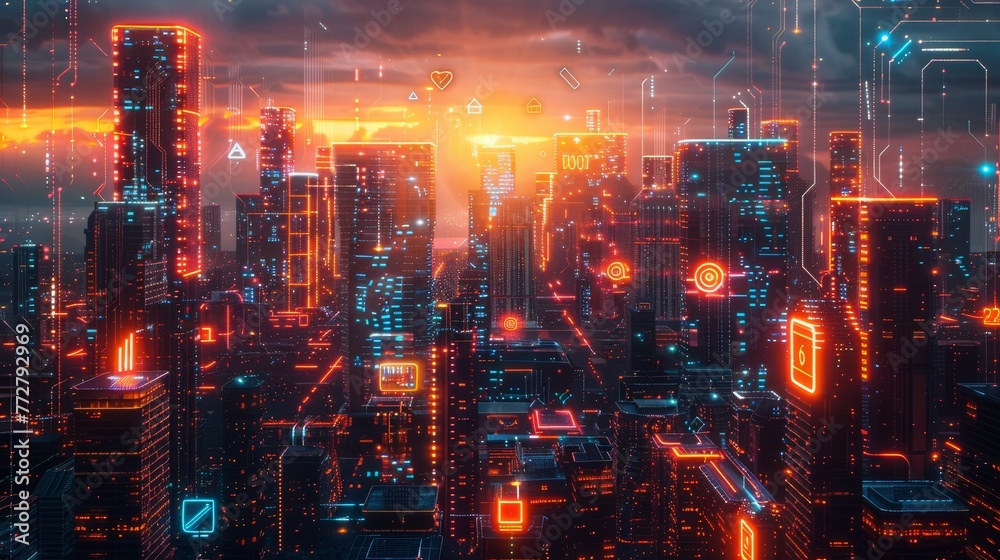 A vibrant cityscape filled with neon lights and futuristic technology