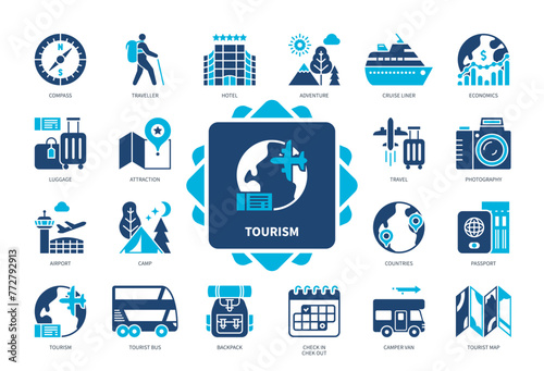 Tourism icon set. Hotel, Cruise Liner, Tourist Bus, Airport, Countries, Passport, Backpack, Travel. Duotone color solid icons
