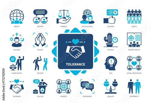 Tolerance icon set. Multicultural, Minority Rights, Diversity, Violence, Religion, Reciprocity, Politics, Opinion. Duotone color solid icons