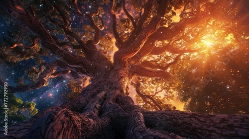 A towering tree of life with branches reaching into the cosmos