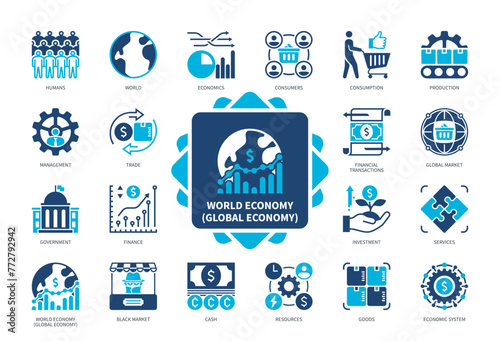 World Economy icon set. Government, Finance, Trade, Investment, Consumption, Production, Black Market, Resources. Duotone color solid icons