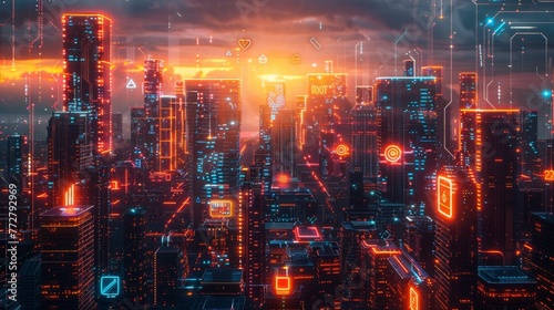 A vibrant cityscape filled with neon lights and futuristic technology