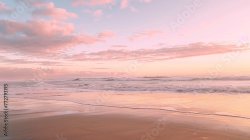 A beach at sunrise  the sky painted in shades of pink and gold  evoking a sense of wonder and possibility