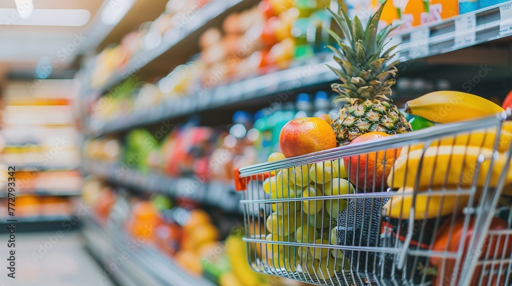 A close-up shot of a shopping cart filled with groceries against the backdrop of a busy grocery store aisle, captured with shallow depth of field to highlight the colorful packaging