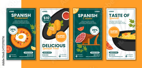 Spanish Restaurant Social Media Stories Flat Cartoon Hand Drawn Templates Background Illustration