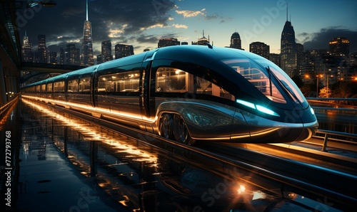 Futuristic Train Traveling Through City at Night