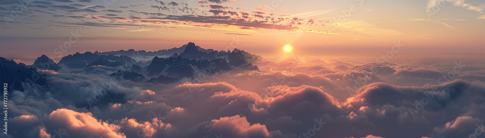 Mountains rise serene above the clouds, greeting the sunrise with a peaceful stillness, a moment of beauty suspended in time.