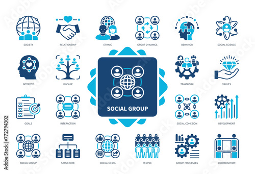 Social Group icon set. Society, Relationship, Social Cohesion, Structure, Coordination, Values, Behavior, Interaction. Duotone color solid icons