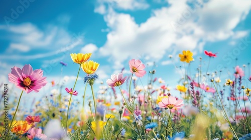 A field of colorful wildflowers stretching to the horizon, under a clear blue sky