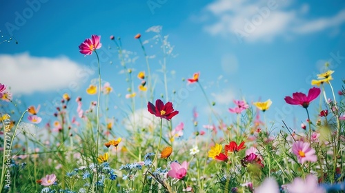 A field of colorful wildflowers stretching to the horizon, under a clear blue sky © anupdebnath