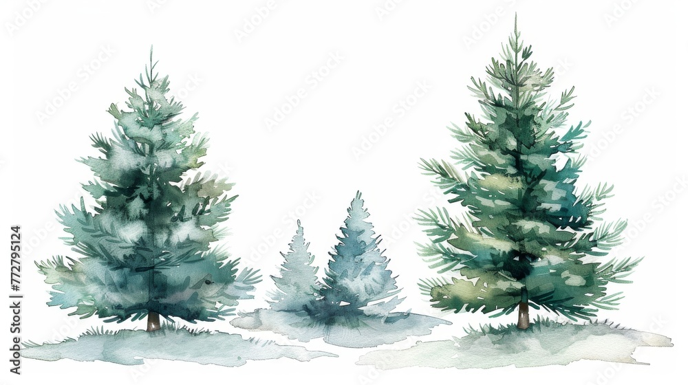 Minimalist watercolor Christmas trees, elegant in simplicity, with delicate shades of green and sparse, chic decorations