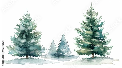 Minimalist watercolor Christmas trees, elegant in simplicity, with delicate shades of green and sparse, chic decorations © Pornarun