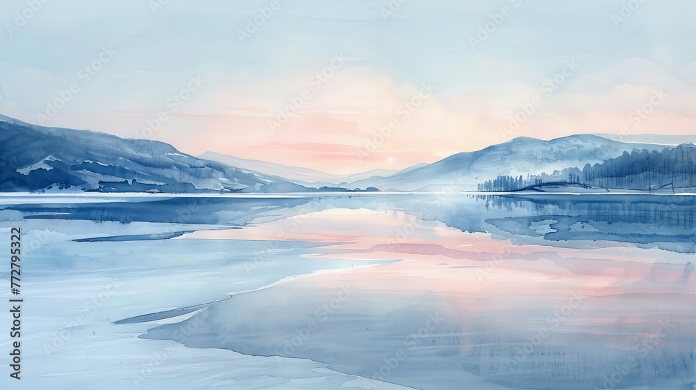 Soft watercolor painting of a frozen lake at dawn, the ice reflecting the pastel colors of the sky, isolated on white
