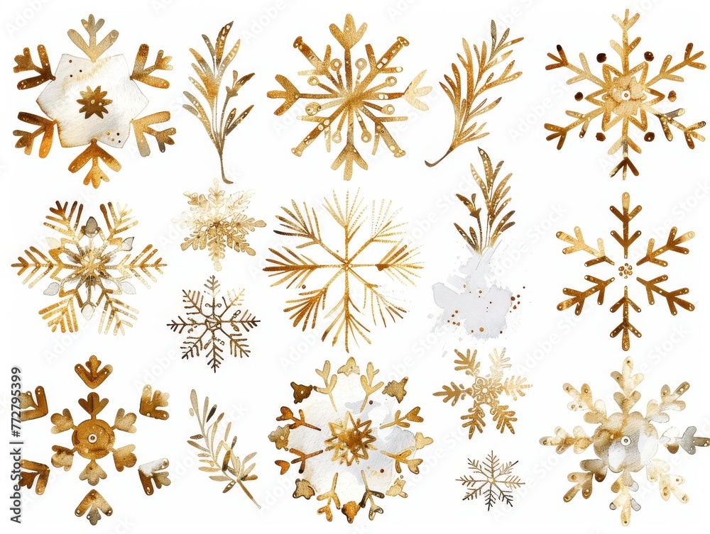 Softly painted watercolor snowflakes with golden accents, each flake isolated on white, adding a touch of festive sparkle to the cold season Softly painted watercolor snowflakes with golden accents, each flake isolated on white, adding a touch of festive sparkle to the cold season