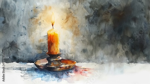 Soft watercolor depiction of a lit candle in a holiday holder, casting a warm, gentle glow, isolated on a stark white canvas photo