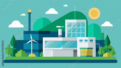 The exterior of a sustainable localized manufacturing facility showcases a sleek and minimalist design utilizing renewable energy sources and
