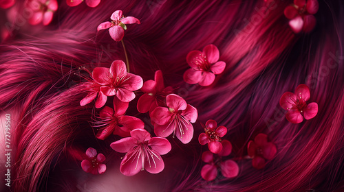 Zbliżenie na płatki kwiatów wplątane w farbowane kobiece włosy